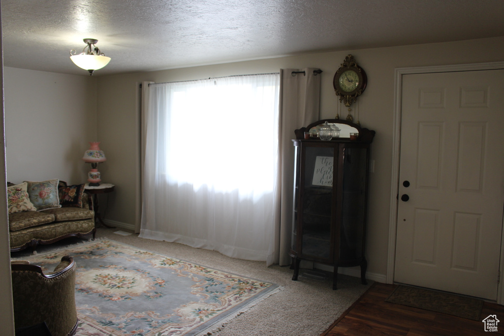 Living area featuring baseboards, a textured ceiling, and wood finished floors