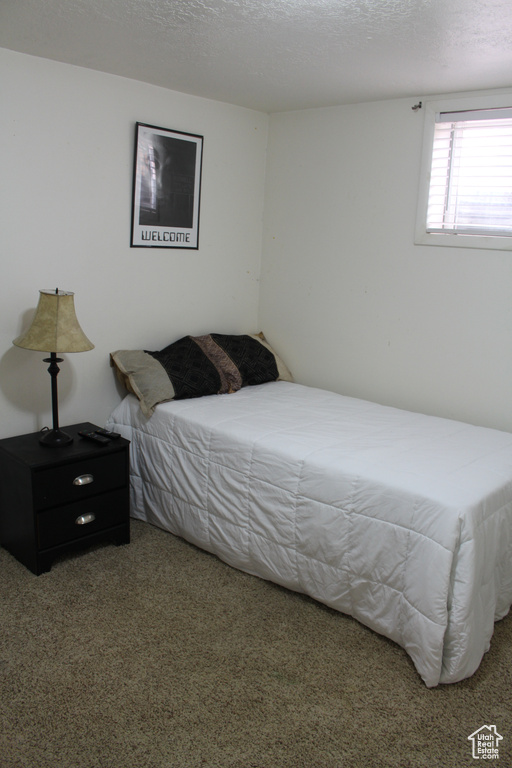 Carpeted bedroom featuring a textured ceiling
