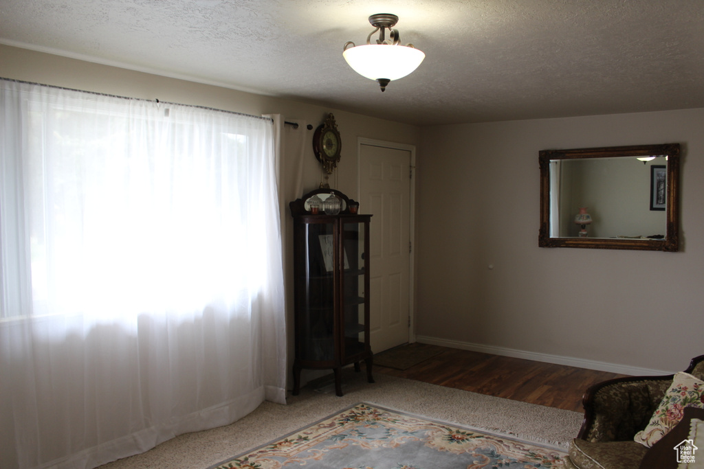 Living room featuring baseboards, a textured ceiling, and wood finished floors