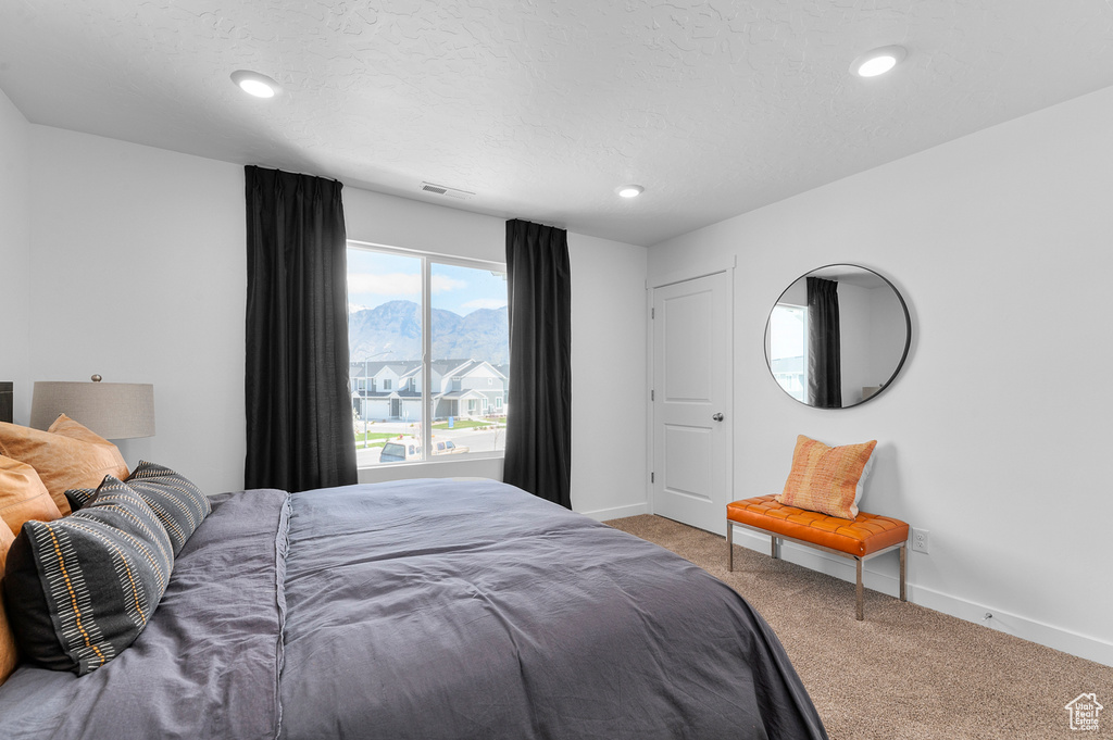 Carpeted bedroom with recessed lighting, baseboards, visible vents, and a mountain view