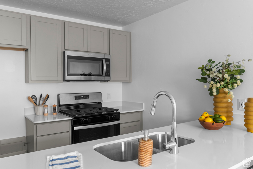 Kitchen with light countertops, gray cabinets, a textured ceiling, a sink, and appliances with stainless steel finishes