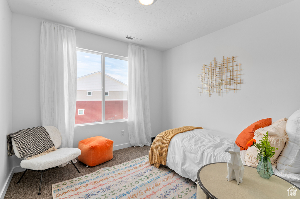 Carpeted bedroom with baseboards and visible vents