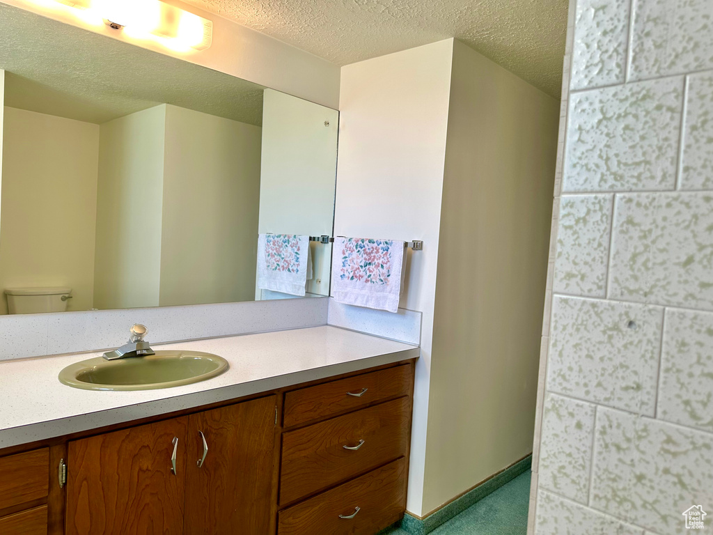 Bathroom featuring vanity, baseboards, toilet, and a textured ceiling