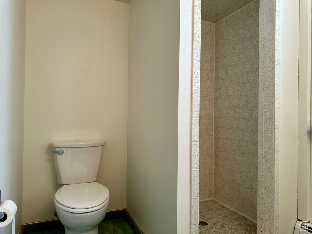 Full bathroom featuring baseboard heating, a stall shower, and toilet