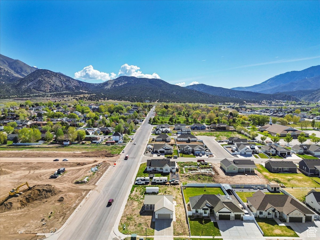 Birds eye view of property with a residential view and a mountain view