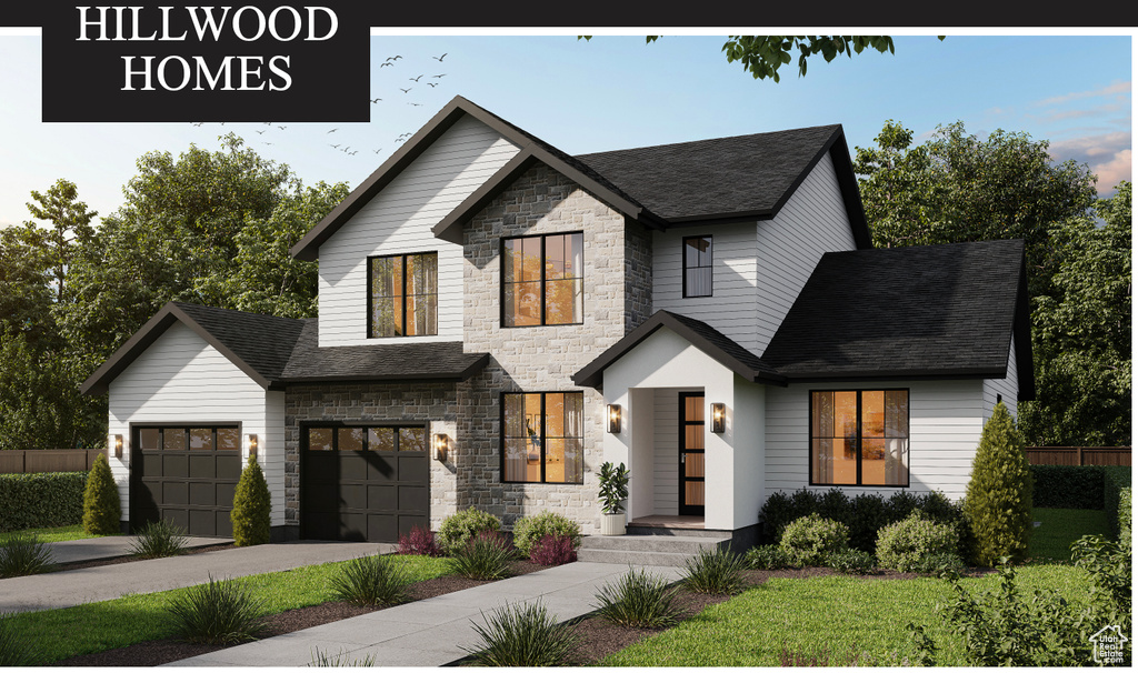 Modern inspired farmhouse with roof with shingles, fence, stone siding, and aphalt driveway