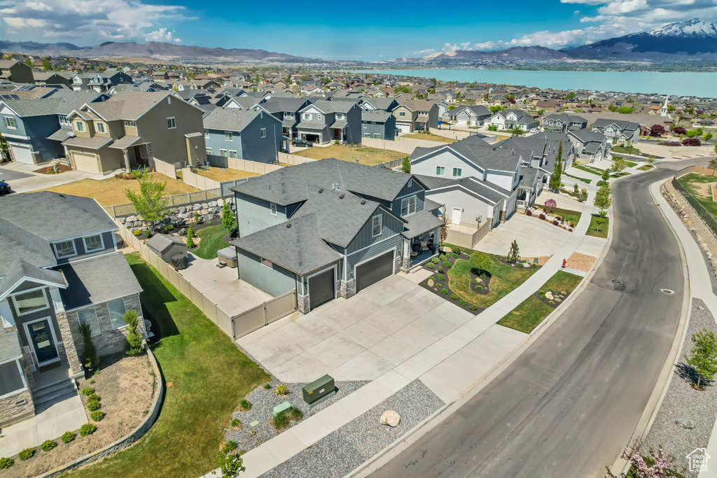 Bird\'s eye view featuring a residential view and a water and mountain view