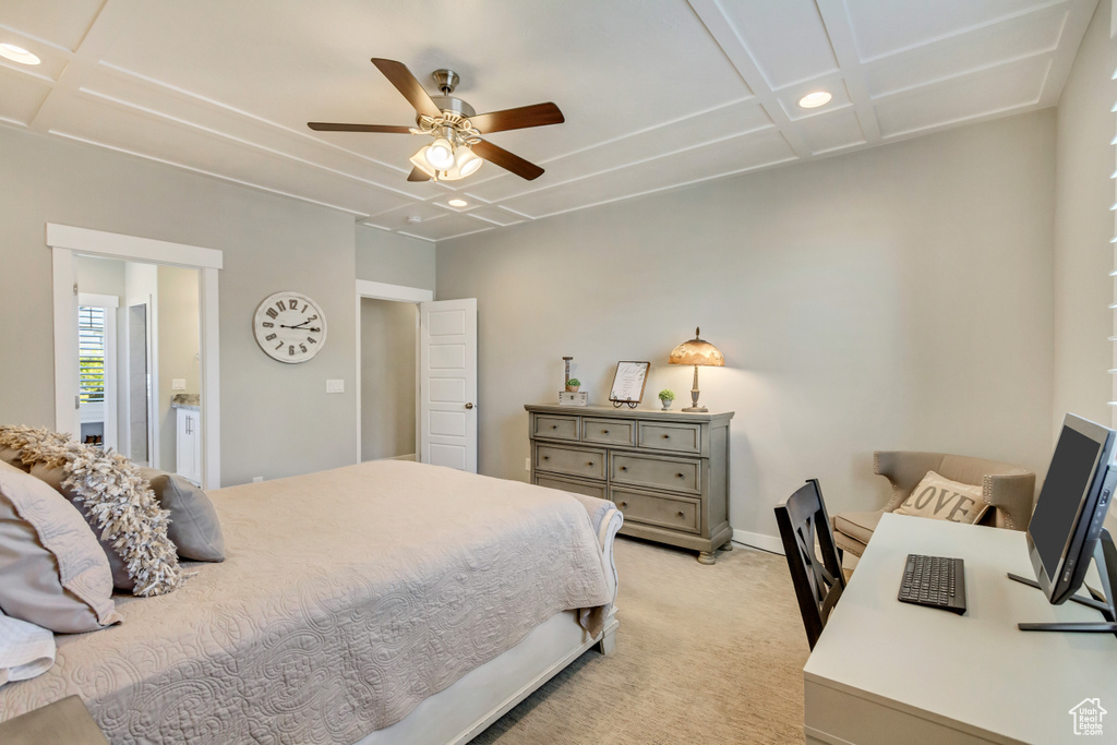 Bedroom featuring attic access, ceiling fan, light colored carpet, recessed lighting, and coffered ceiling