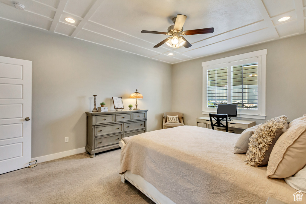 Bedroom with carpet flooring, recessed lighting, baseboards, a ceiling fan, and coffered ceiling