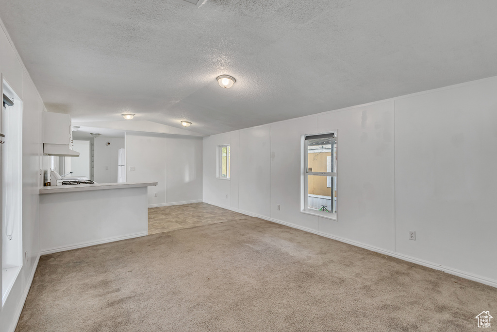 Unfurnished living room with carpet flooring, a textured ceiling, and lofted ceiling