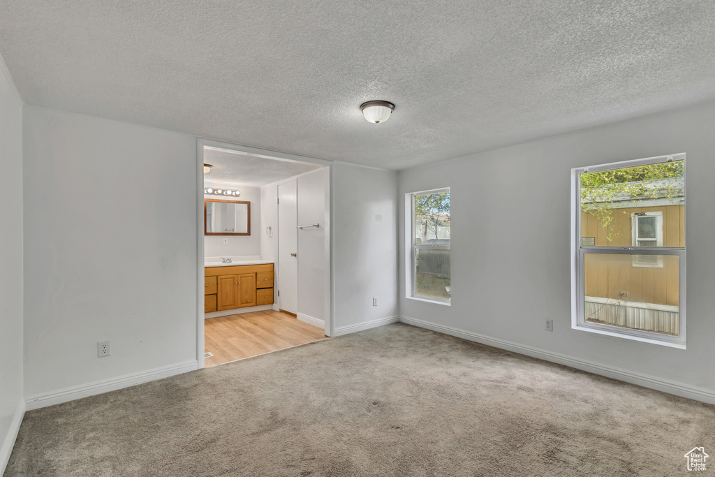 Unfurnished bedroom with baseboards, multiple windows, light carpet, and a textured ceiling