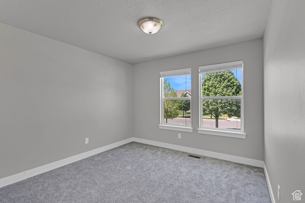 Empty room featuring visible vents, a textured ceiling, and carpet floors