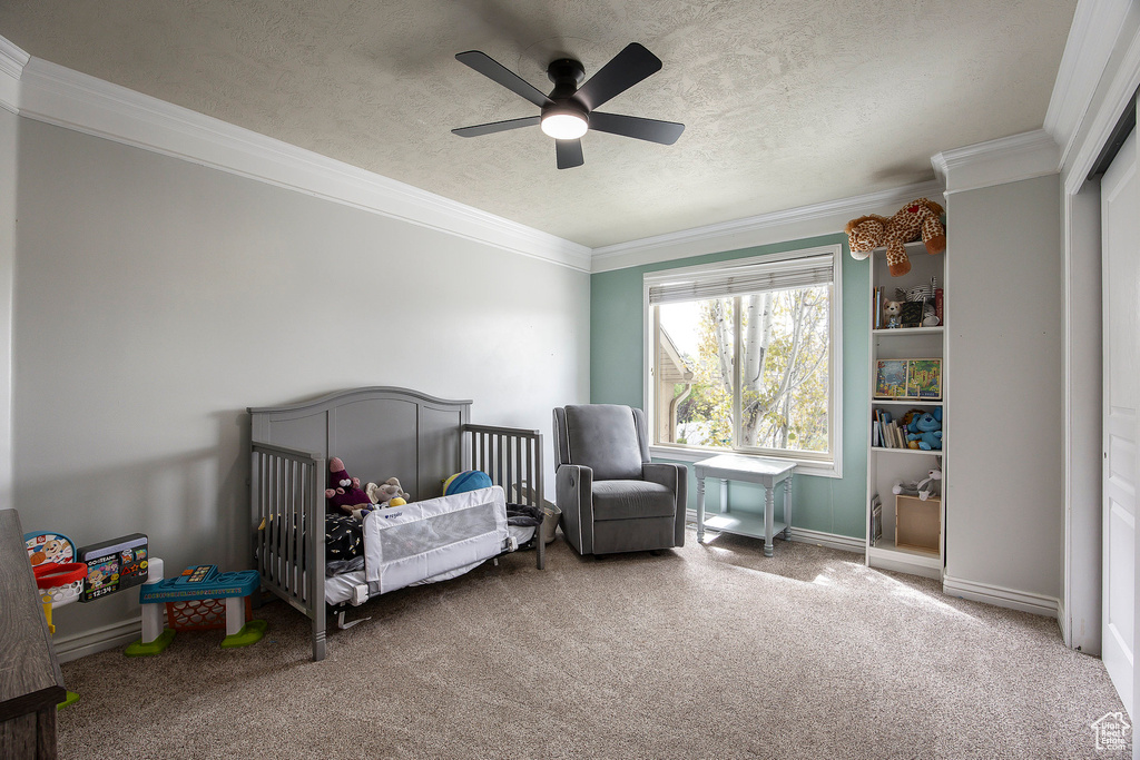 Carpeted bedroom featuring a ceiling fan, a textured ceiling, crown molding, baseboards, and a crib