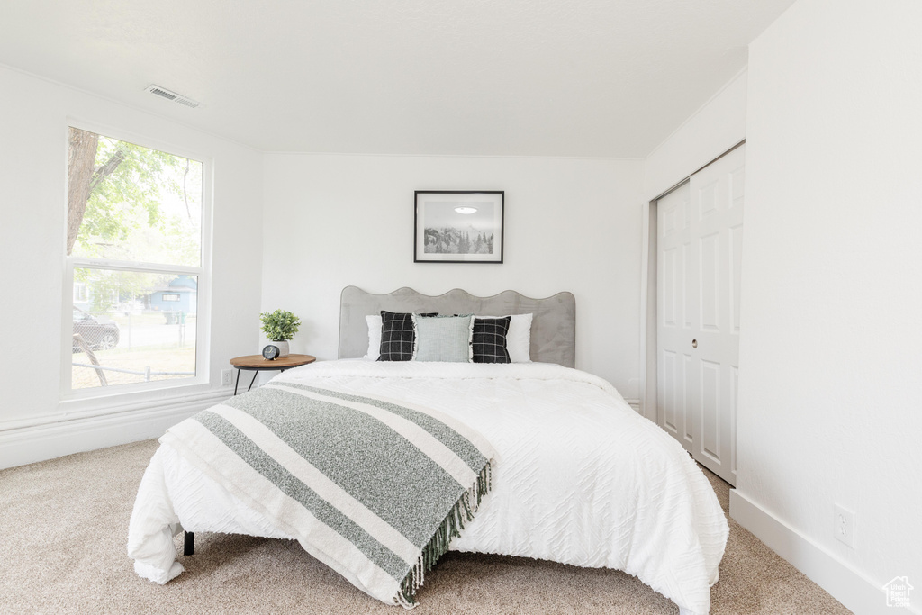Carpeted bedroom featuring a closet, visible vents, and baseboards