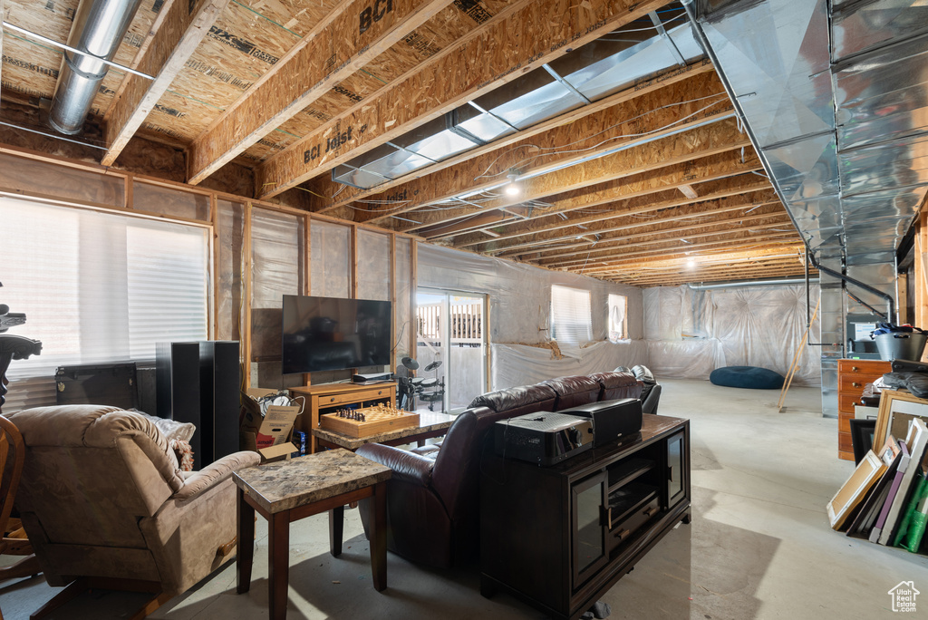 Living area with concrete floors