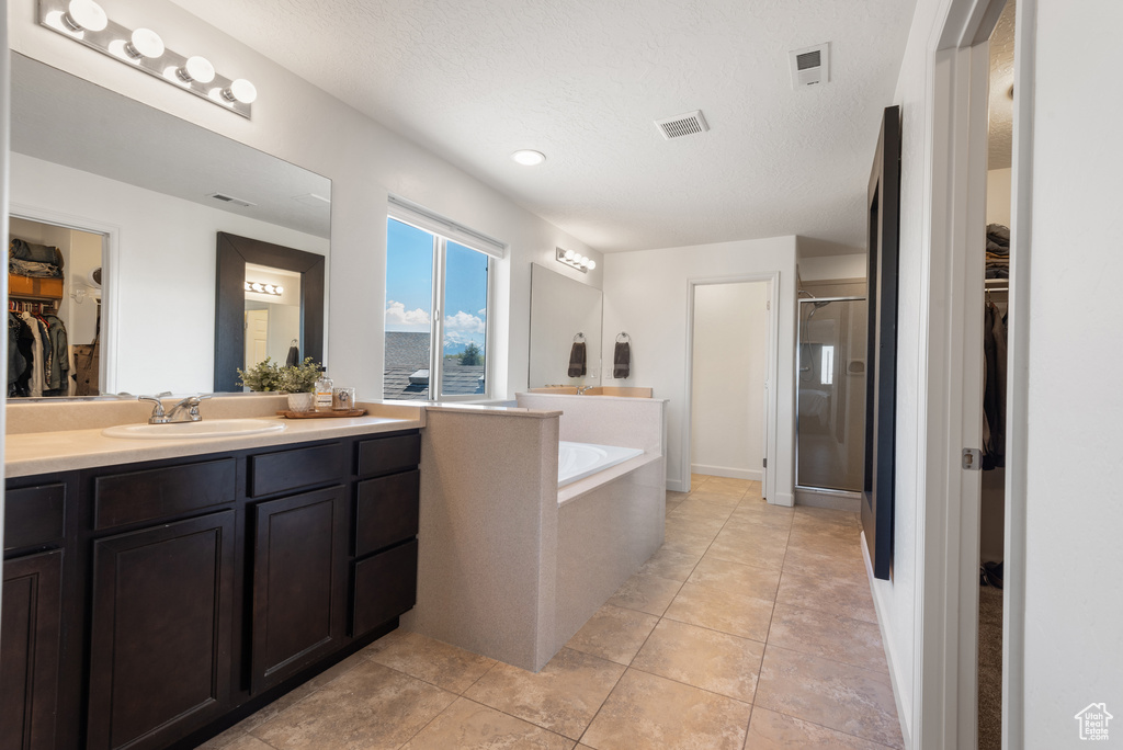 Bathroom with vanity, a shower stall, a garden tub, and visible vents