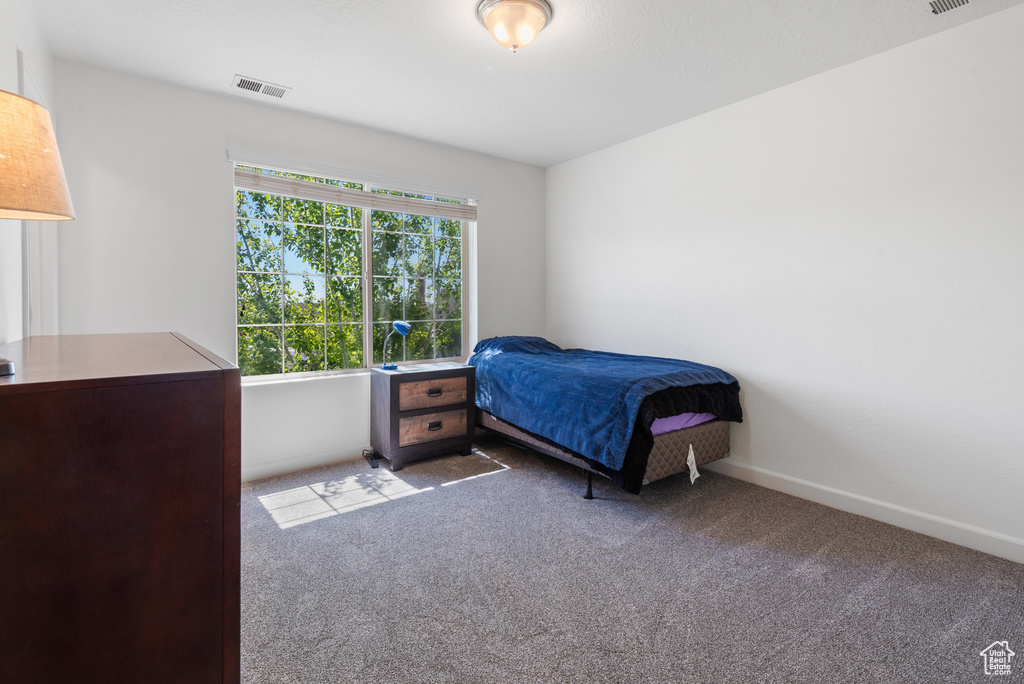 Carpeted bedroom featuring baseboards and visible vents