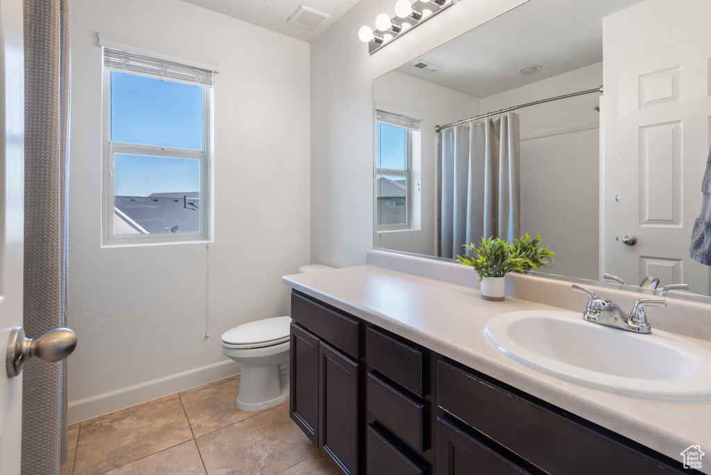 Full bathroom featuring tile patterned flooring, visible vents, vanity, toilet, and baseboards
