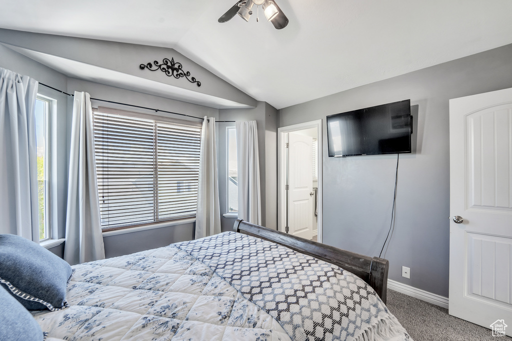 Carpeted bedroom with baseboards, ceiling fan, and lofted ceiling