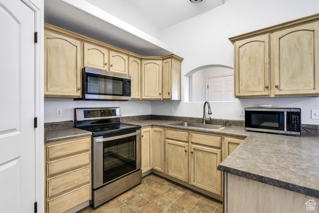 Kitchen with a sink, light brown cabinetry, stainless steel appliances, and dark countertops