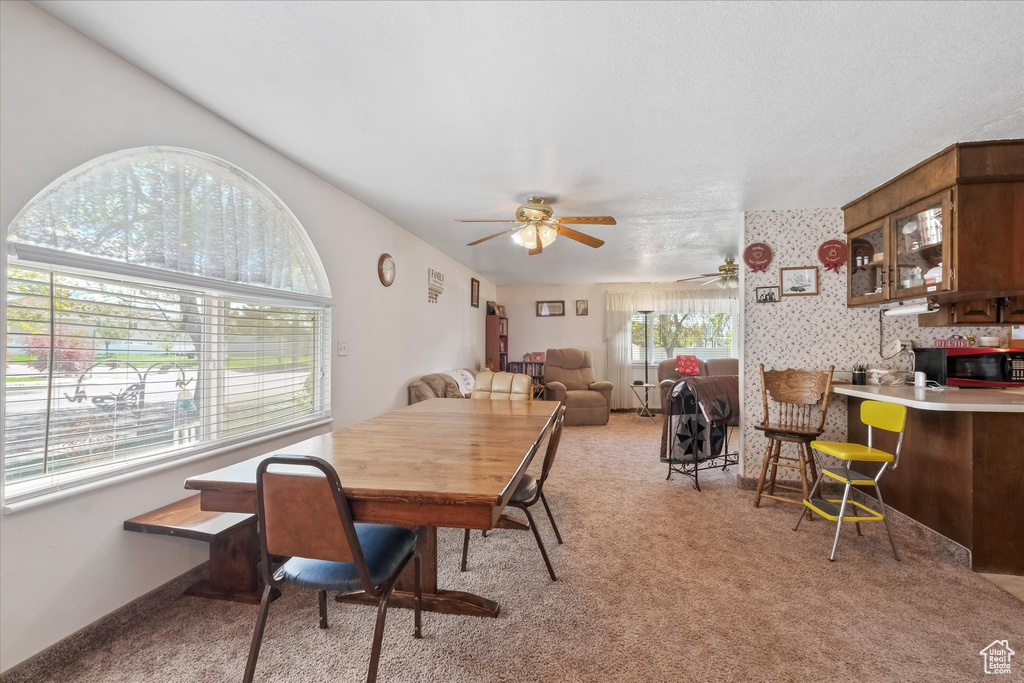 Dining space featuring a ceiling fan and light carpet
