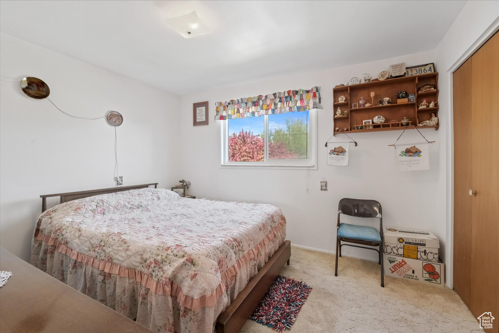 Bedroom with light colored carpet