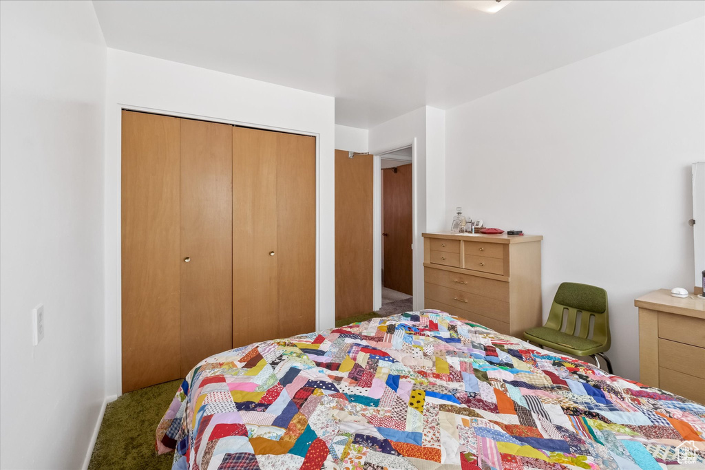 Carpeted bedroom featuring a closet