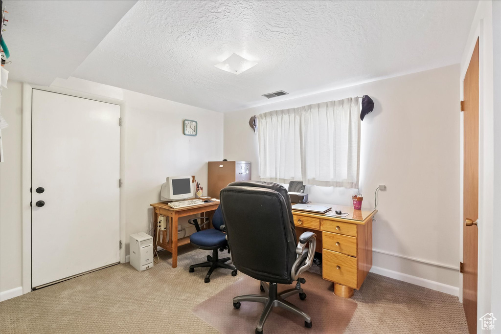 Office space with light colored carpet, a textured ceiling, visible vents, and baseboards