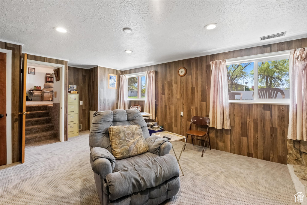 Carpeted living room featuring a textured ceiling, wood walls, and visible vents