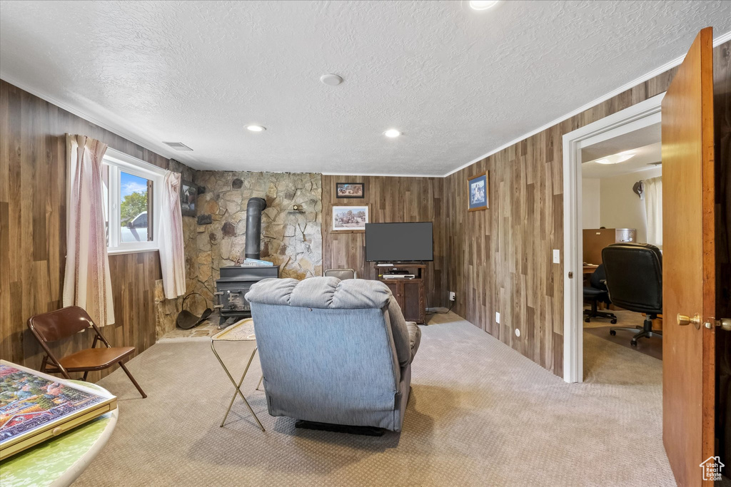 Living area with a wood stove, a textured ceiling, carpet flooring, and wood walls