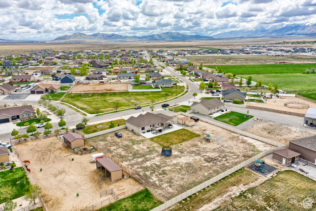 Birds eye view of property with a mountain view and a residential view