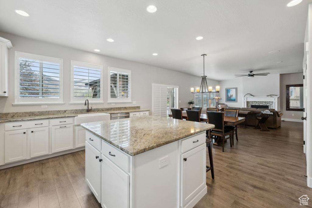 Kitchen featuring stainless steel dishwasher, a sink, ceiling fan, a kitchen island, and a fireplace