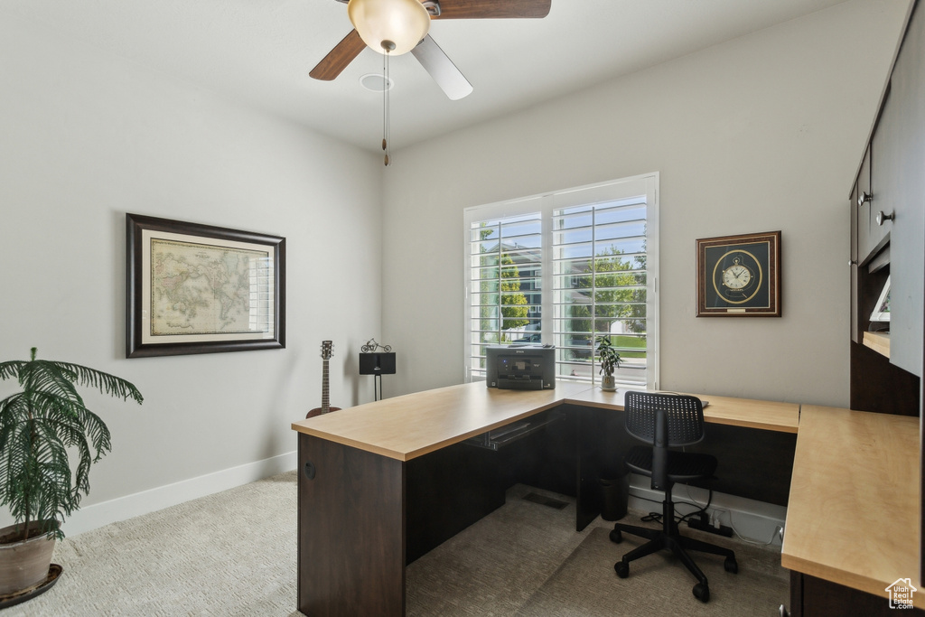 Office featuring ceiling fan, carpet, and baseboards