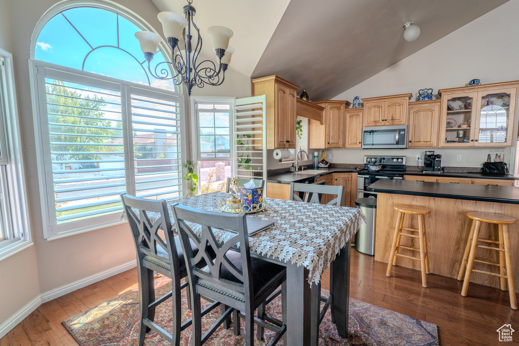 Dining room with baseboards, a chandelier, wood finished floors, and lofted ceiling