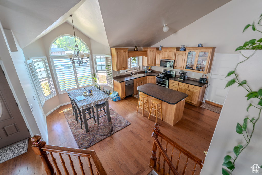 Kitchen featuring dark countertops, a sink, lofted ceiling, glass insert cabinets, and stainless steel appliances