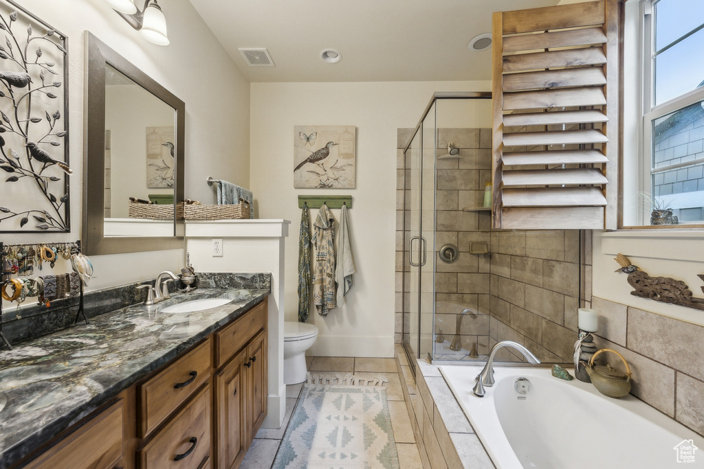 Full bath featuring vanity, toilet, a shower stall, visible vents, and a bath