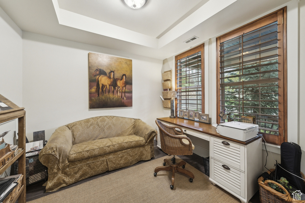 Home office featuring visible vents, carpet, and a tray ceiling