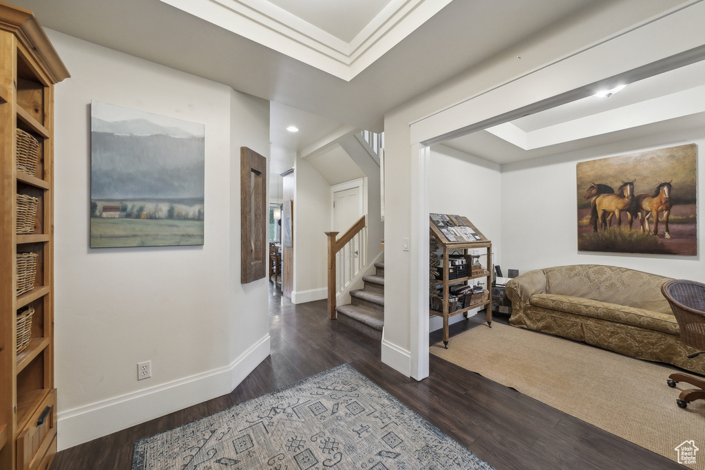 Interior space featuring recessed lighting, baseboards, stairs, and wood finished floors