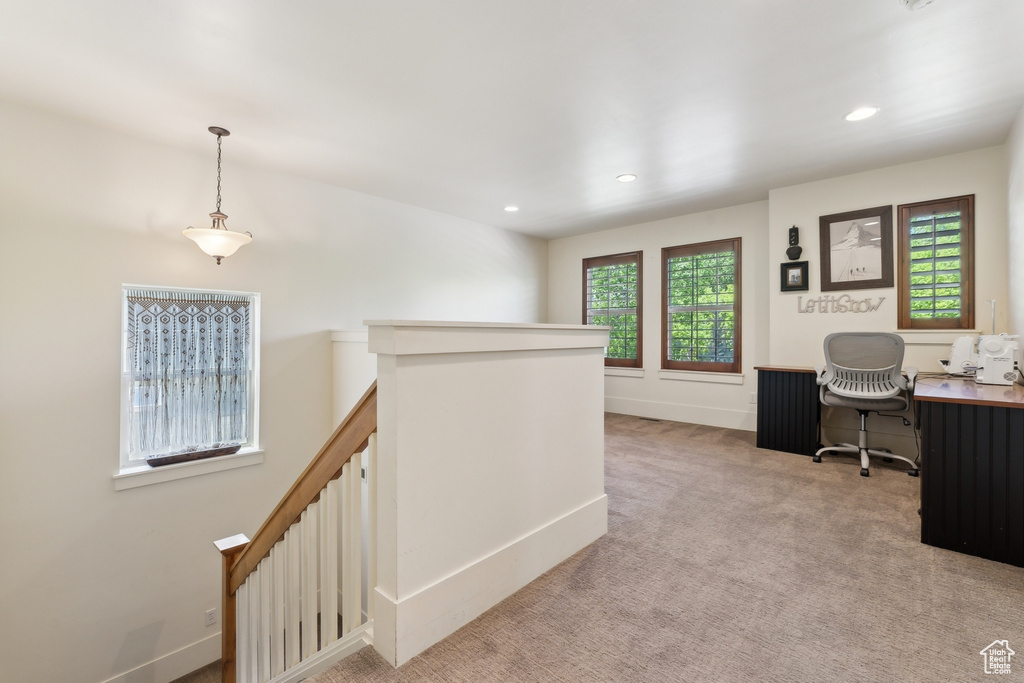 Office area featuring carpet flooring, recessed lighting, and baseboards