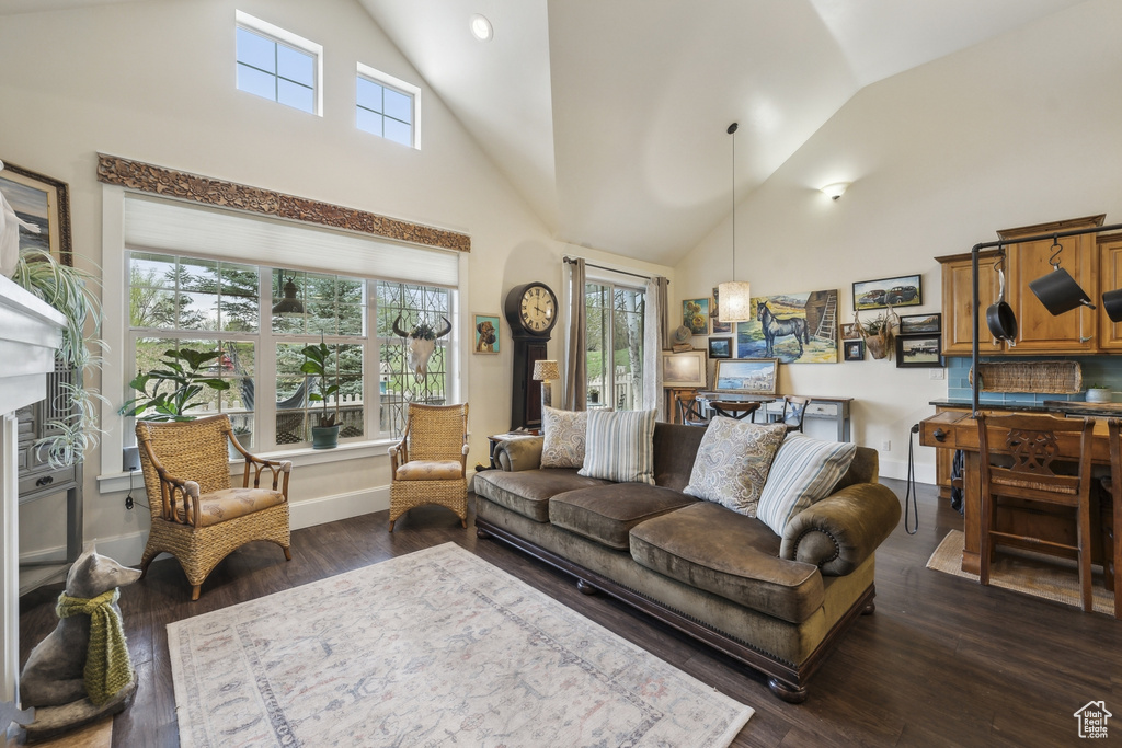 Living room featuring high vaulted ceiling, baseboards, and dark wood-style flooring