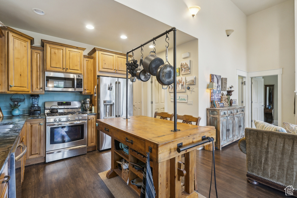 Kitchen featuring recessed lighting, appliances with stainless steel finishes, brown cabinetry, and dark wood-type flooring