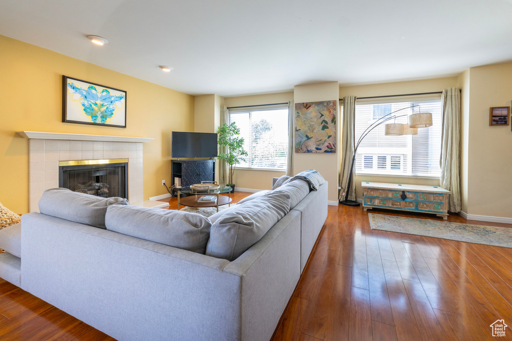 Living room featuring a fireplace, wood finished floors, and baseboards