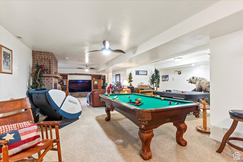 Recreation room featuring pool table, ceiling fan, carpet, and visible vents
