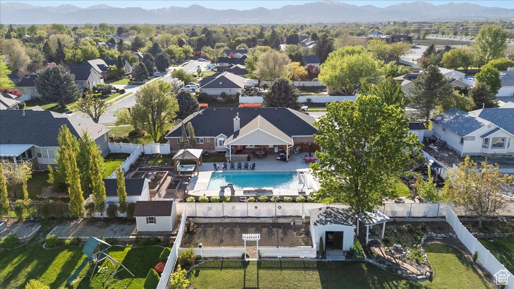 Bird\'s eye view with a mountain view and a residential view
