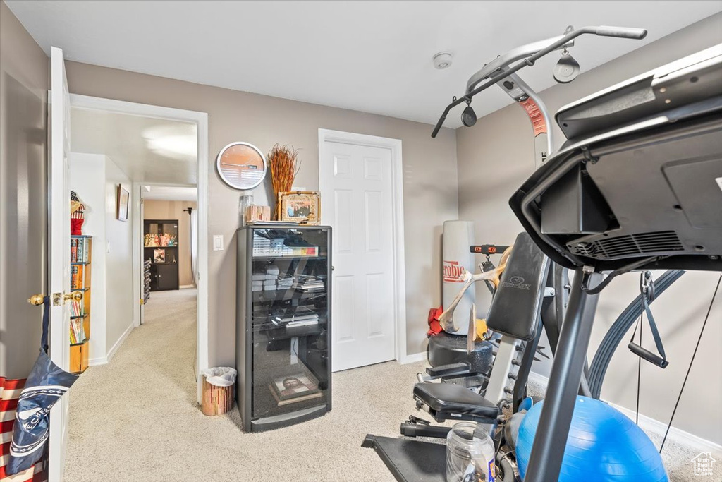 Exercise room featuring carpet flooring and baseboards