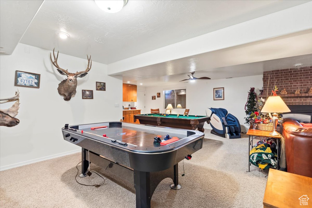 Game room with billiards, baseboards, carpet, and ceiling fan