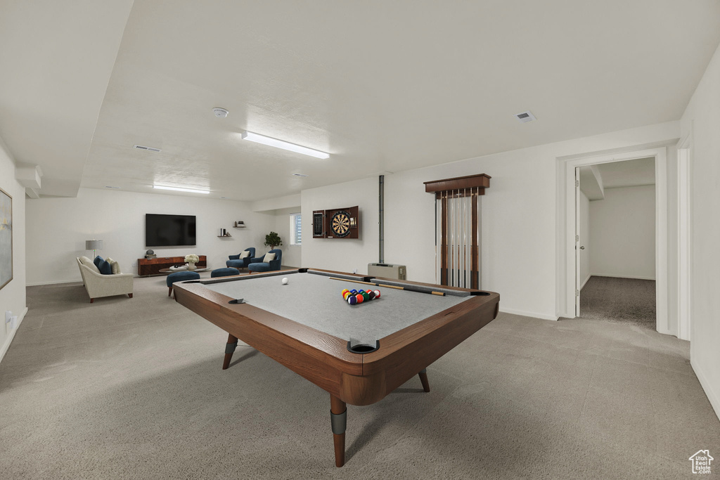 Recreation room featuring carpet floors, billiards table, and baseboards