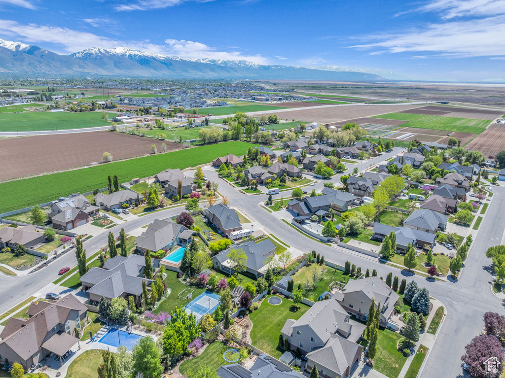 Birds eye view of property with a mountain view and a residential view