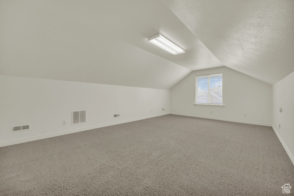 Additional living space with visible vents, baseboards, carpet floors, and vaulted ceiling