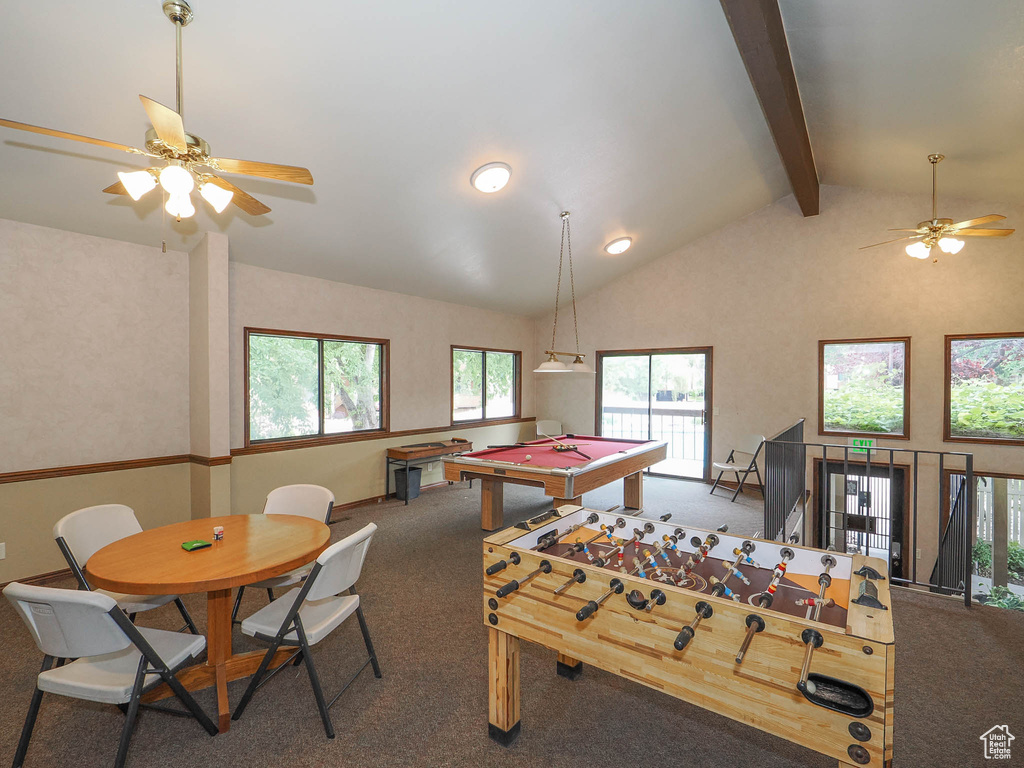 Recreation room with pool table, vaulted ceiling with beams, carpet, and ceiling fan